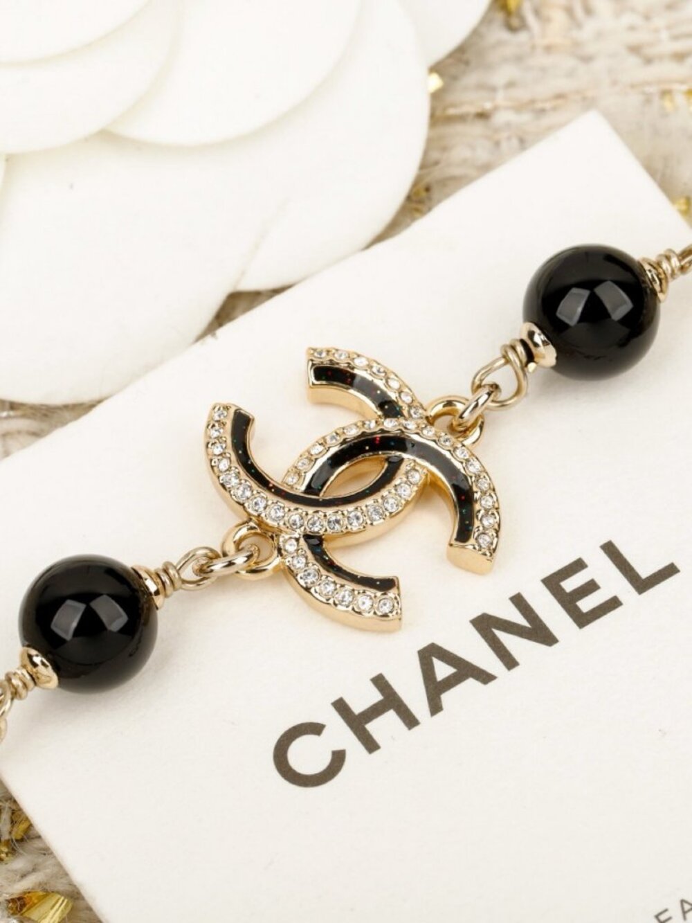 Chanel Gold-Tone Black Enamel Crystal Bow CC Long Necklace - Picture 6 of 6